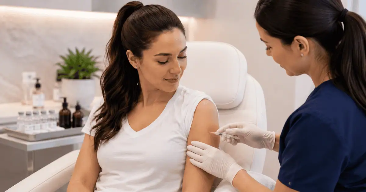 Woman receiving a peptide therapy injection during a wellness treatment session